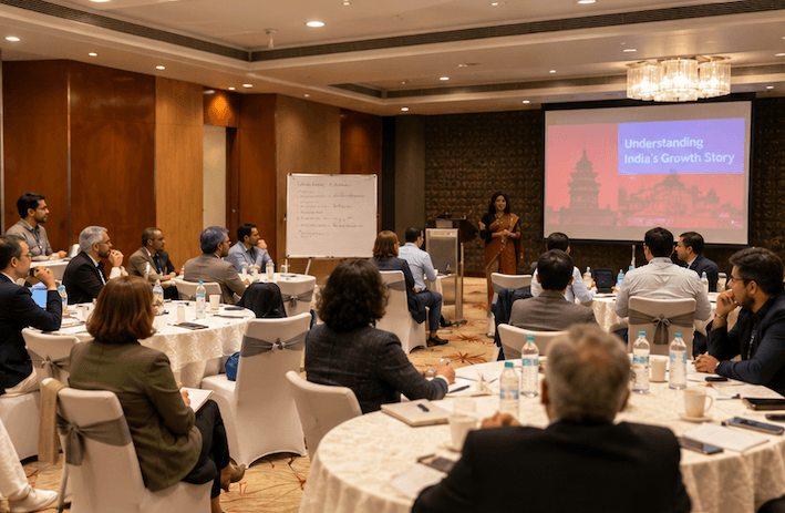 Participants at round tables listening to a session on India's growth story